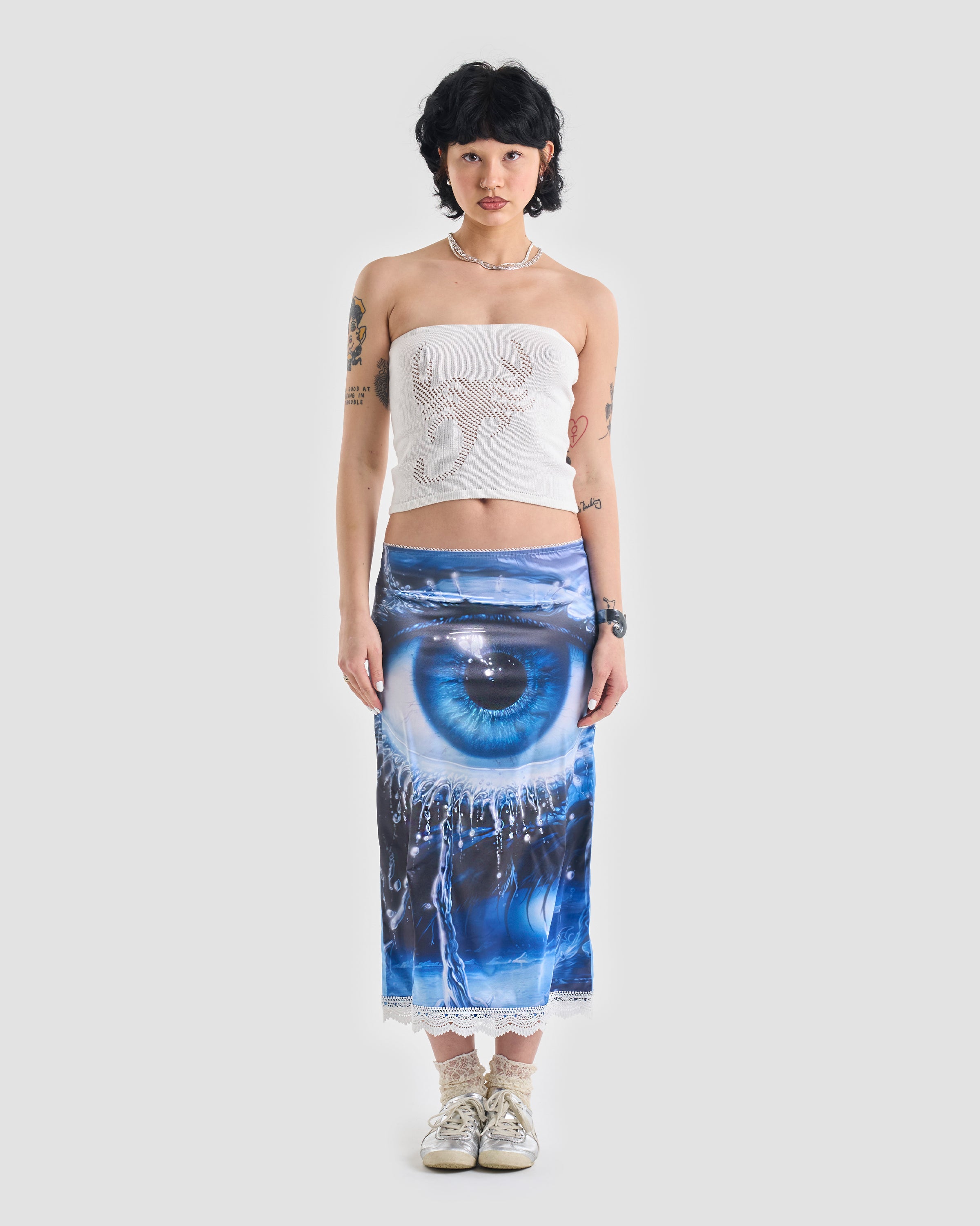 Always Watching Lace Trim Printed Midi Skirt